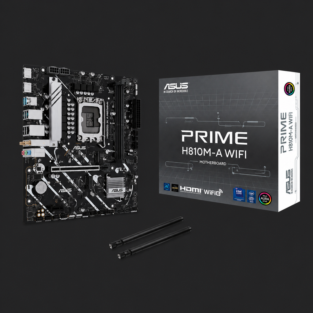ASUS Prime H810M-A WiFi LGA 1851 Micro-ATX Motherboard, Intel H810 Chipset, 2x DIMM DDR5 Slots, Up to 128GB Max Memory, 1x PCIe 4.0 x16 Slot, 2x M.2 Slot, WiFi & BT Connectivity | 90MB1KJ0-M0EAY0