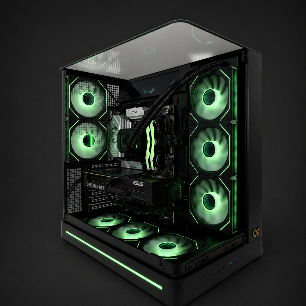 Computer case with green LED lights on a dark background