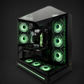 Computer case with green LED lights on a dark background