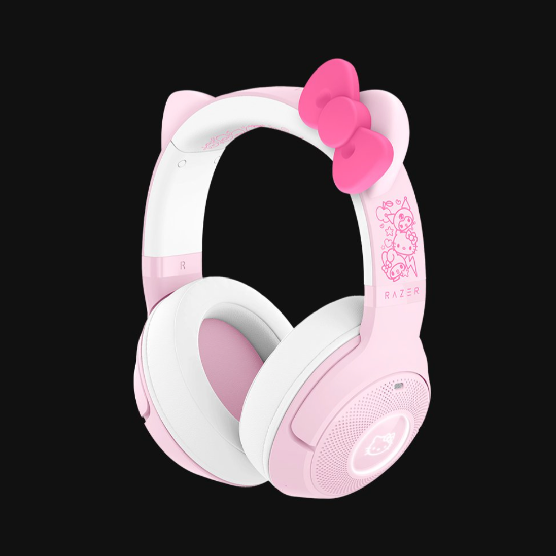 Pink and white headphones with a bow on a black background