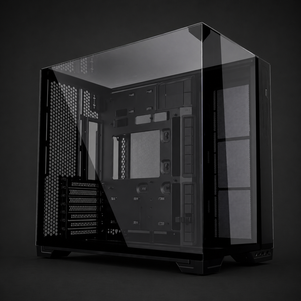 Black computer case with clear side panel on a dark background
